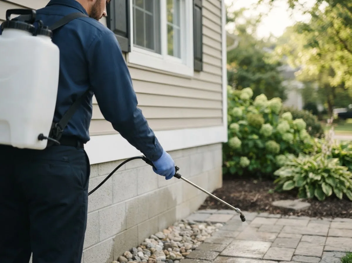 Pest control technician inspecting a home in Fairfield, FL